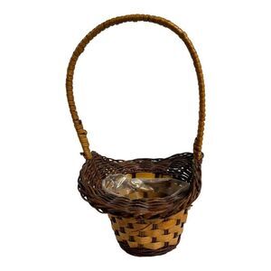 Mini Woven Pine Straw Needle Basket Flower Gathering Handle & Plastic Liner For